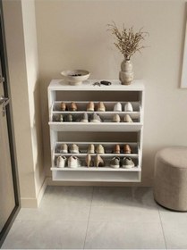 Resim 2 Bölmeli Raflı Ayakkabılık - Double Düşer Kapaklı Modern Antre Düzenleyici Beyaz 