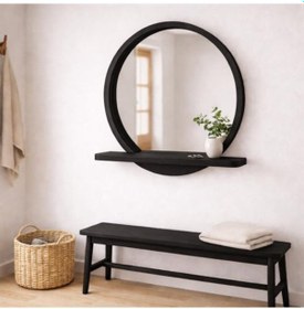 Resim 80x80 Cm Raflı Masif Kayın Ağacı Yuvarlak Ayna İskandinav Tarzı Antre Ve Banyo Aynası Siyah 