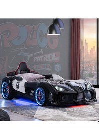 Resim Arabalı Yatak, Police Koltuklu Full Ledli Arabalı Yatak - Siyah - 1 Adet Comfort Yatak 