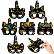 Resim 12 adet/24 adet Sihirli Unicorn Maskesi Kazıma DIY Maskeler Parti Hediyeleri Renk Açığa Çıkarma Kazıma Tahtası Sihirli At Temalı Doğum Günü Parti Malzemeleri Süslemeler Kostüm El Sanatları Kiti Stylus & Elastik İp ile 