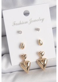 Resim Pirinç Gold Renk Zirkon Taşlı Sallantılı Kalp Model 3 Çift Kadın Küpe Seti çok renkli 