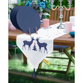 Resim Lacivert Mery Christmas Geyik Motifli Üçgen Püsküllü Runner 1 Adet ve 6 Adet Lacivert Renkli Supla 