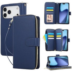 Resim İphone Uyumlu 17 Pro 9 Kartlık Cüzdan Kılıfı Pu Deri Bileklik Manyetik Kapanış Fermuarlı Cep 