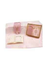 Resim Şal + Seccade + Tesbih + Kuran Hediye Seti Çanta Boy, Asetat Çanta, Pembe 