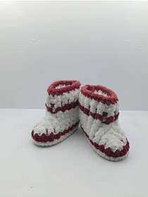 Resim El Emeği Erkek Çocuk Kaydırmaz Tabanlı Örme Patik 16-17 Numara - Beyaz & Kırmızı 