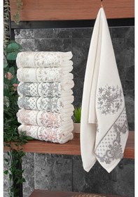 Resim Güpürlü Kadife Nakış İşlemeli Desenli Kutulu Lüks Çeyizlik 6'lı El Yüz Havlu Seti 50x90 - 00274 Çok Renkli 