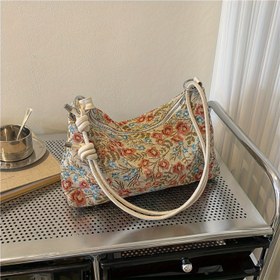 Resim Kadınlar İçin Retro Çiçek Desenli Büyük Kapasiteli Günlük Kullanım Omuz Çantası - Şık ve Çok Amaçlı Fermuarlı Hobo Çanta, Dayanıklı Kumaş & Polyester Astar, Karışık Renkler 
