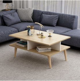 Resim DEKOROSSO Poloo Ahşap Ayaklı Modern Dekoratif Orta Sehpa 90cm Beyaz-safir Meşe 