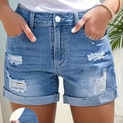 Resim Kadınlar İçin Esnek Denim Şort, Yıpranmış Sokak Stili Kıvrık Kenarlı Yüksek Bel Rahat Ultra Kısa Slim Fit 
