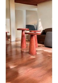 Resim Ahşap Mantar Sehpa 3 Lü Set Maun Renk Masif Doğal Zigon Fiskos Takımı - Wooden Side Table Maun 