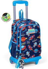 Resim Coral High Kids Lacivert Uzay Desenli Işıklı Tekerlekli İki Bölmeli Çekçekli Sırt Çantası 