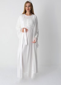 Resim Lohusa ve Hamile Giyim / Gizli Düğmeli Emzirmeli Hamile Gecelik ve Sabahlık Takımı / Viskoz - 2301 - Ekru / 4XL / Terlik ve Taç Seti İstemiyorum 