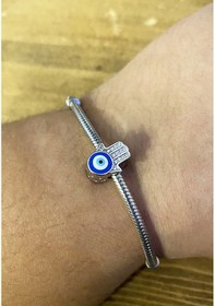 Resim Kadın Fatma Eli Model Mavi Renk Nazar Boncuğu Detay Taşlı Gümüş Charm Gümüş 