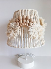 Resim C&A MAKROME İP SARGILI AHŞAP BONCUKLU GÖKKUŞAĞI APLİKELİ EL YAPIMI PONPONLU ÇOCUK VE BEBEK ODASI ABAJUR 