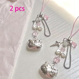 Resim 2 adet KT Kedi Şanslı Telefon Askısı Şansları - Pembe ve Beyaz Yıldız ve Kurdele Tasarımı, Dayanıklı Metal ile Pembe Boncuklar, Telefonlar, Çantalar, Kameralar ve CCD Aksesuarları için Mükemmel, Sevimli Telefon Aksesuarları 