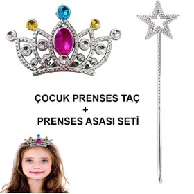 Resim neararsanbizden Çocuklar İçin Taraklı Prenses Tacı ve Prenses Yıldız Asa Seti Gümüş 