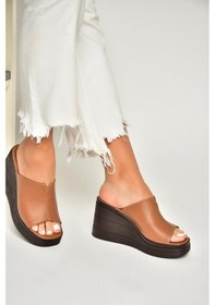Resim Fox Shoes P555961203 Taba Hakiki Deri Dolgu Topuklu Kadın Terlik Taba 