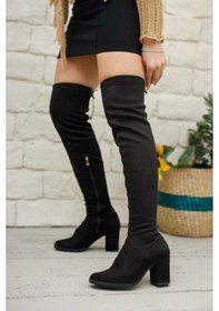 Resim Nstil Günlük Siyah Streç Çorap Süet Kalın Topuk Diz Üstü Kadın Çizme Fermuarlı Bağcıklı Dizüstü Bot 173 Siyah 