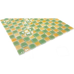 Resim MozaiKristaL Tüm yüzeyler için 25x25mm. M.Yeşili-P.Sarı Damalı 31,5x31,5cm Fileli Cam Mozaik (10 File Karo=1m2 ) 