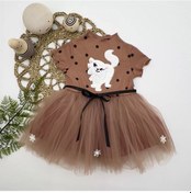 Resim 1-2-3 Yaş Payetli Kedicik Baskılı Puantiyeli Kız Bebek Elbisesi Kahverengi Kahverengi 