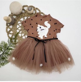 Resim 1-2-3 Yaş Payetli Kedicik Baskılı Puantiyeli Kız Bebek Elbisesi Kahverengi Kahverengi 