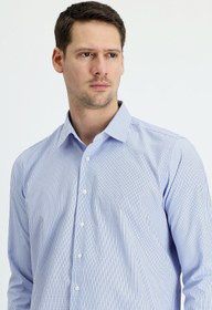 Resim Mavi Uzun Kol Slim Fit Dar Kesim Ekose Pamuklu Kolay Ütülenebilir Gömlek 