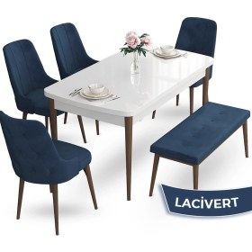 Resim Canisa Concept Yay Serisi, 80X132 Mutfak Masa Takımı, Beyaz Masa Ceviz Ayak 4 Sandalye 1 Bench 