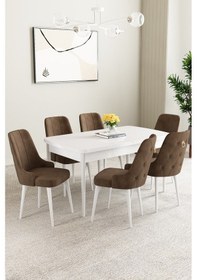 Resim Mabel Beyaz 80x132 Açılabilir Yemek Odası Takımı 6 Adet Sandalye Kahverengi 