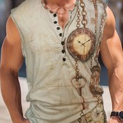 Resim Erkekler için Vintage Steampunk Düğme Detaylı Kolsuz Tank Top - Retro Grafik Baskı, Siyah & Krem Polyester Karışımı, Yetişkinler için Yazlık Atletik Gömlek, Yazlık Tank Toplar 