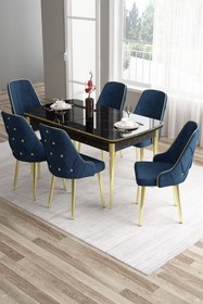 Resim Canisa Concept Tia Serisi 80x132 Mdf Açılabilir Siyah Mermer Desen Gold Detay Masa Takımı Ve 6 Lacivert Sandalye 