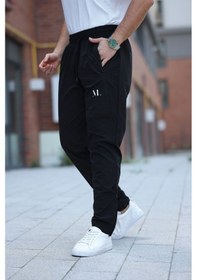 Resim Erkek Siyah Baggy Eşofman Altı Fermuarlı Paça Kaliteli Paraşüt Kumaş Siyah 