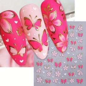Resim 2 Adet Pembe Çiçekli Kelebekli Altın Kenarlı Tırnak Stickerları, Sakura Kiraz Çiçeği ve Kalp Desenleri - Kendinden Yapışkanlı Parlak Tırnak Dekoru, Bahar DIY Manikür Malzemeleri, Kadınlar için Tırnak Aksesuarı, Şirin Tasarım 