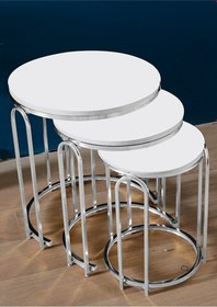 Resim 3' Lü Beyaz Ahşap Nikel Gümüş Ayak Lenka Metal Sehpa Beyaz 