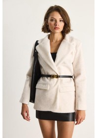 Resim Shade Kadın Cep Detaylı Astarlı Kemerli Peluş Dokulu Blazer Ceket 2761 60281110 - Krem 