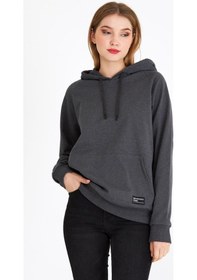 Resim MMetalic Kadın Antrasit Kapüşonlu Basic Örme Sweatshirt 