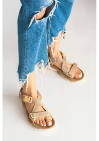 Resim Günlük Unisex Tokalı Sandalet Yastıklı Hafif Tabanlı Çapraz Şerit Outdoor Esnek Ayakkabı 125ç Bej 