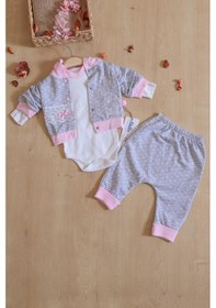 Resim Kız Bebek Tavşan 3 Lü Kapişonlu Bebek Takım Seti Stl6418 Gri - Pembe 