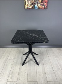 Resim Tepe Siyah Mermer Mutfak Yemek Masası Balkon Masası Kavisli Köşe Siyah Ayak 70 Cm 