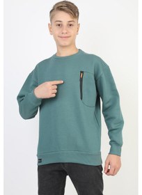 Resim Bisiklet Yaka Cep Fermuar Detaylı Erkek Çocuk Sweatshirt-90856 Yeşil 