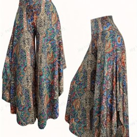 Resim Kadınların şık çiçek desenli geniş paça pantolonu - Yüksek bel, akışkan yazlık etek, canlı mavi, turuncu ve bej desenli, tatil veya rahat geziler için mükemmel, tatil kıyafeti | Yüksek bel etek | Akışkan etek 