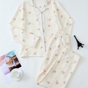 Resim Kadınların Lale Desenli Tatlı Pijama Takımı, Uzun Kollu Düğmeli Yaka Üst ve Pantolon, Sonbahar İçin Rahat Bol Kesim 