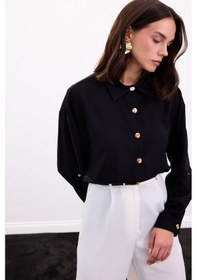 Resim Sateen Çıtçıt Detaylı Gömlek - Siyah-136896 Siyah 