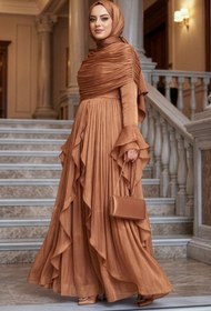 Resim N.S NEVA STYLE - Fırfır Detaylı Taba Tesettür Abiye Elbise 53981TB 