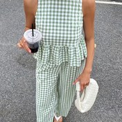 Resim Whistle Bohemian Chic Yazlık Kıyafet 2025: Nane Yeşili Ekose Fırfır Etekli Kolsuz Açık Gömlek ve Geniş Paça Pantolon - Tatil, Festival, Plaj Resort Rahat İki Parçalı Set Nefes Alabilen Kumaşa Sahip 
