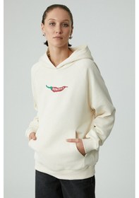 Resim Grimelange CHILLI Kadın Oversize Şardonlu Kapüşonlu Baskılı Kanguru Cepli Ekru Sweatshirt 