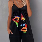 Resim Kadınlar için Yazlık Kolsuz Tulum - Canlı Portre Baskılı Geniş Paça Cepli Romper, Hafif Makinede Yıkanabilir Günlük Tatil Kıyafeti Plaj ve Gündüz Etkinlikleri İçin, Rahat Kesim 