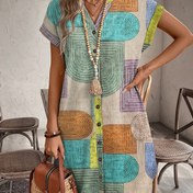 Resim Kadınların Yaz Geometrik Desenli Yaka Elbisesi, Düğmeli, Zarif, Uygun Polyester Midi Elbise Tüm Mevsimler İçin, Günlük Zarif Giyim | Yaka Elbise | Dokusu, Sevimli Elbiseler 