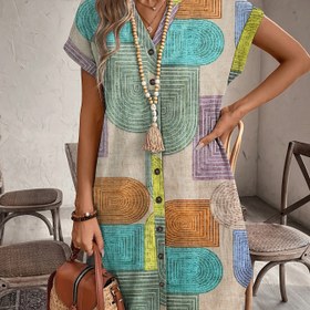 Resim Kadınların Yaz Geometrik Desenli Yaka Elbisesi, Düğmeli, Zarif, Uygun Polyester Midi Elbise Tüm Mevsimler İçin, Günlük Zarif Giyim | Yaka Elbise | Dokusu, Sevimli Elbiseler 