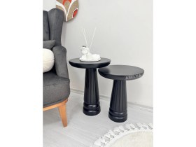 Resim Ahşap 2'li Set Mantar Yan Sehpa Modern Siyah Renk Fiskos Zigon Çiçeklik 