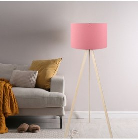 Resim Pratik Ahşap Krem Üç Ayaklı Tripod Lambader Pembe Kumaş Başlık Salon Oturma Odası Köşe Lambası Pembe 